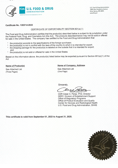  810(e) FDA Certificate of Exportability